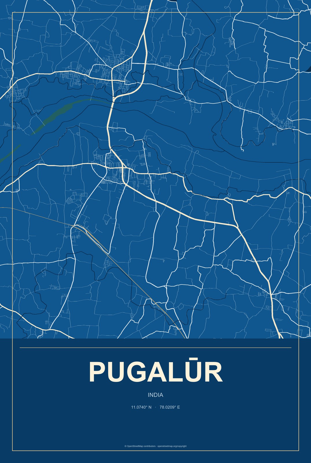 Pugalūr, India City Map Aluminum Sign in Harbor Cobalt style