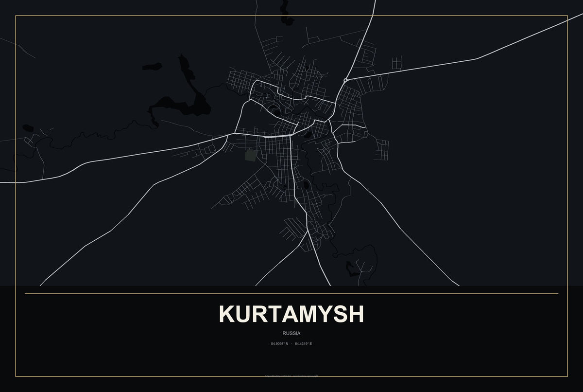Kurtamysh, Russia City Map Aluminum Sign in Metropolitan Noir style