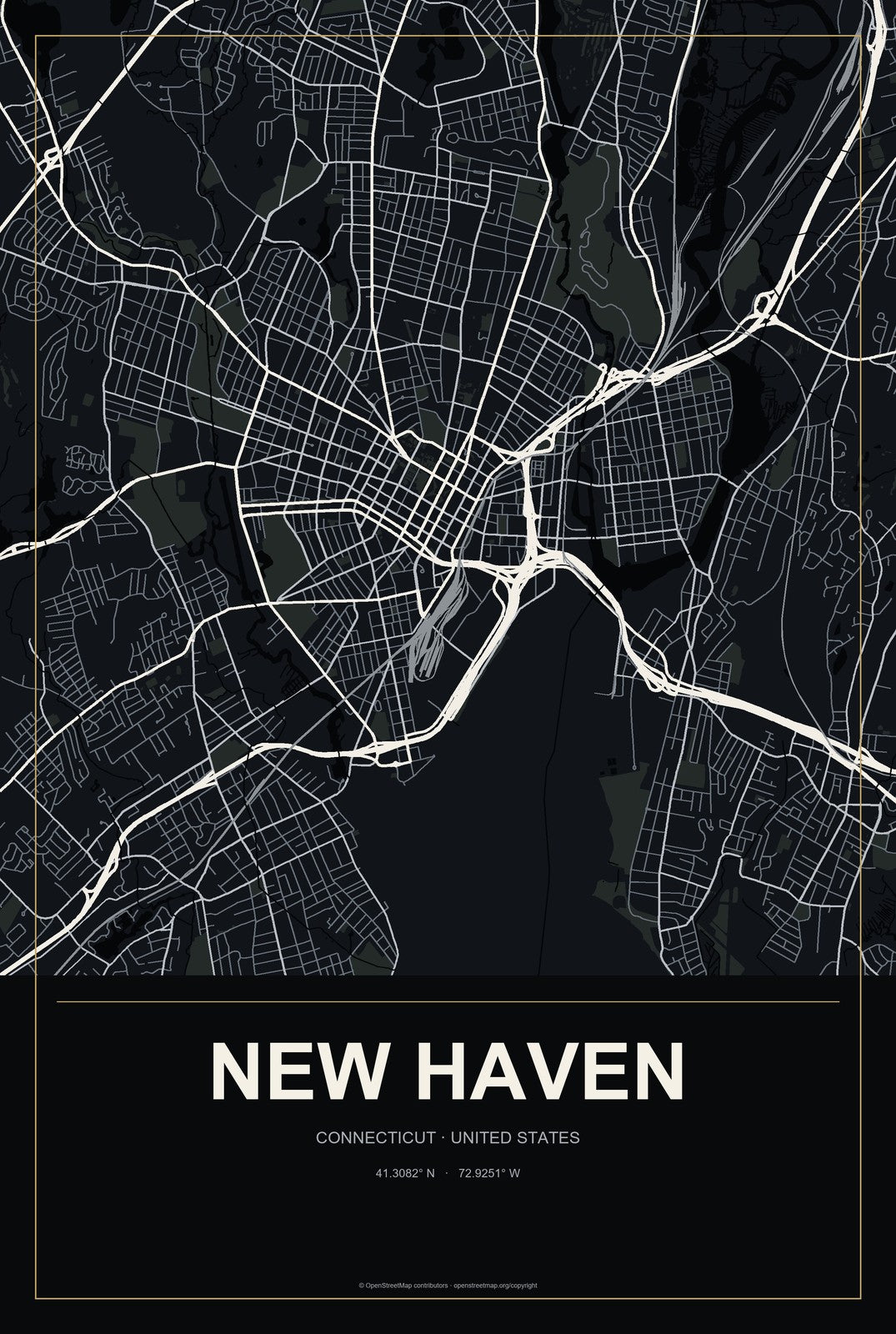 New Haven, Connecticut City Map Aluminum Sign in Metropolitan Noir style