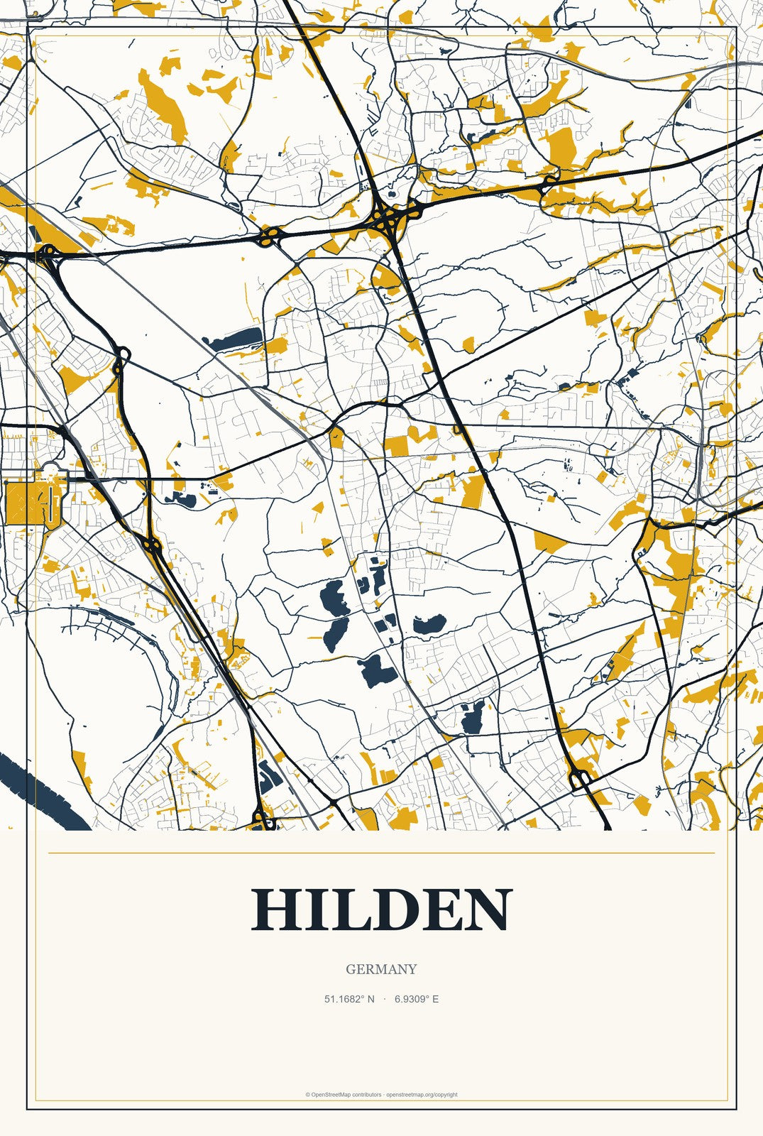 Hilden, Germany City Map Aluminum Sign in Citrine Modern style