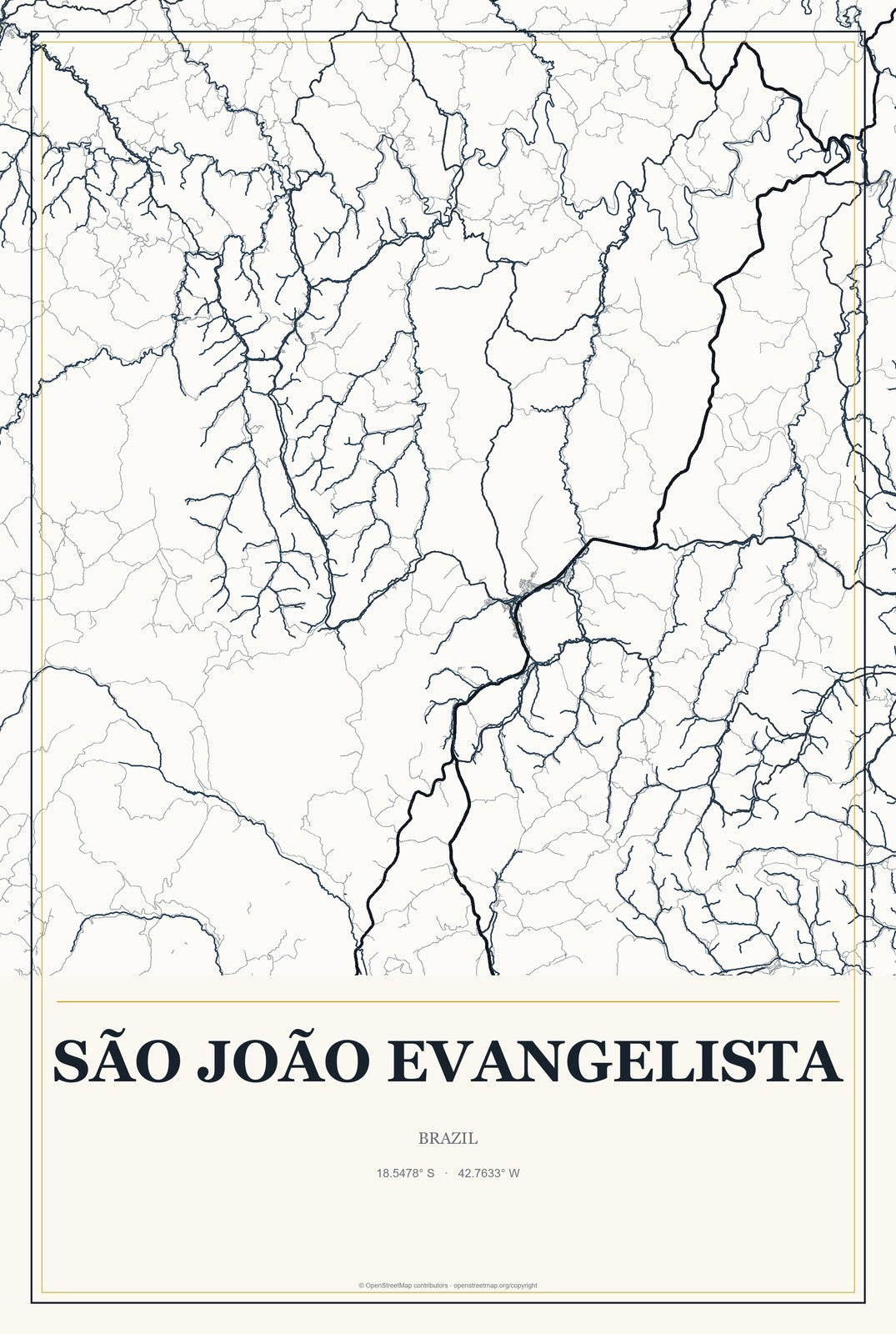 São João Evangelista, Brazil City Map Aluminum Sign in Citrine Modern style