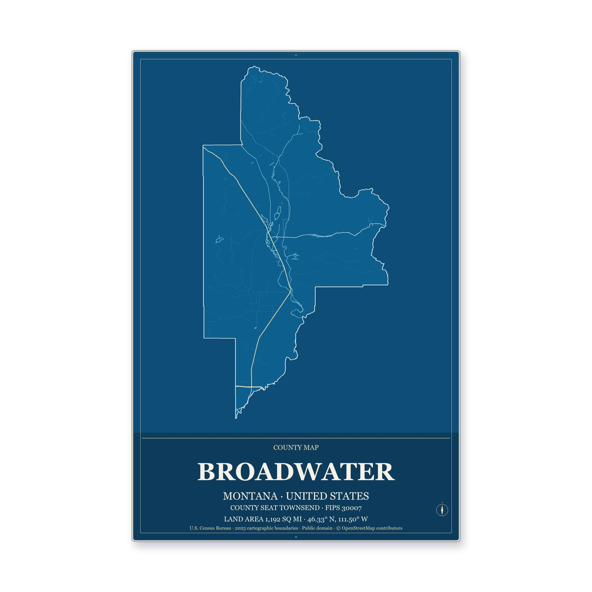 Broadwater County, Montana Map Aluminum Sign in Harbor Cobalt style