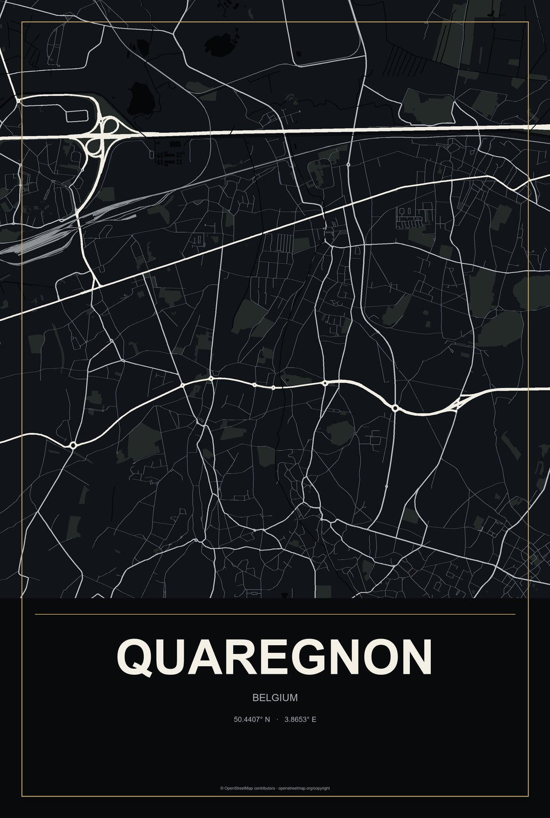 Quaregnon, Belgium City Map Aluminum Sign in Metropolitan Noir style