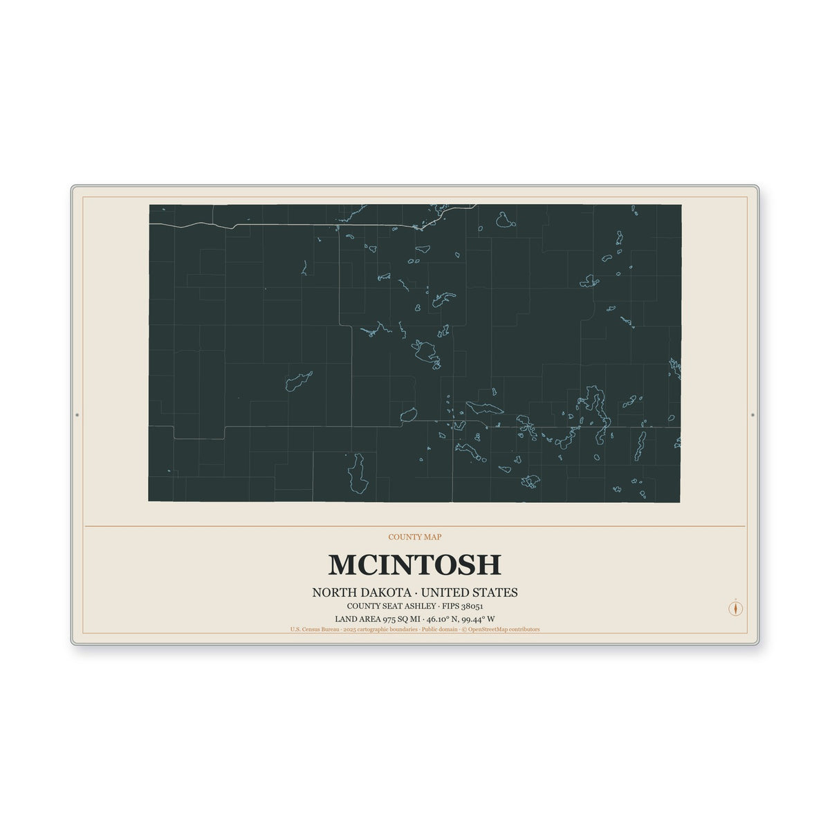 McIntosh County, North Dakota Map Aluminum Sign in Headline Atlas style