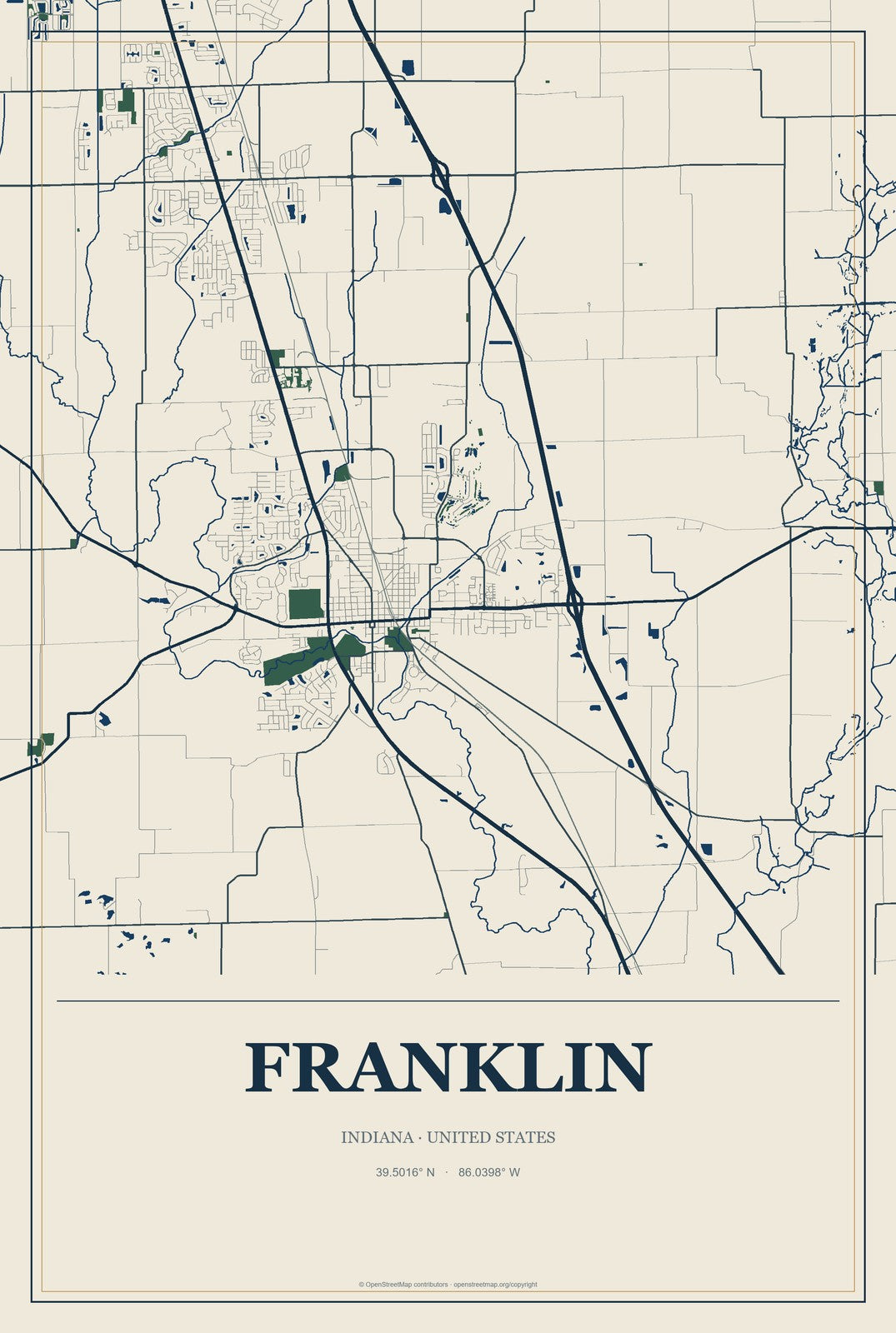 Franklin, Indiana City Map Aluminum Sign in Coastal Cutout style
