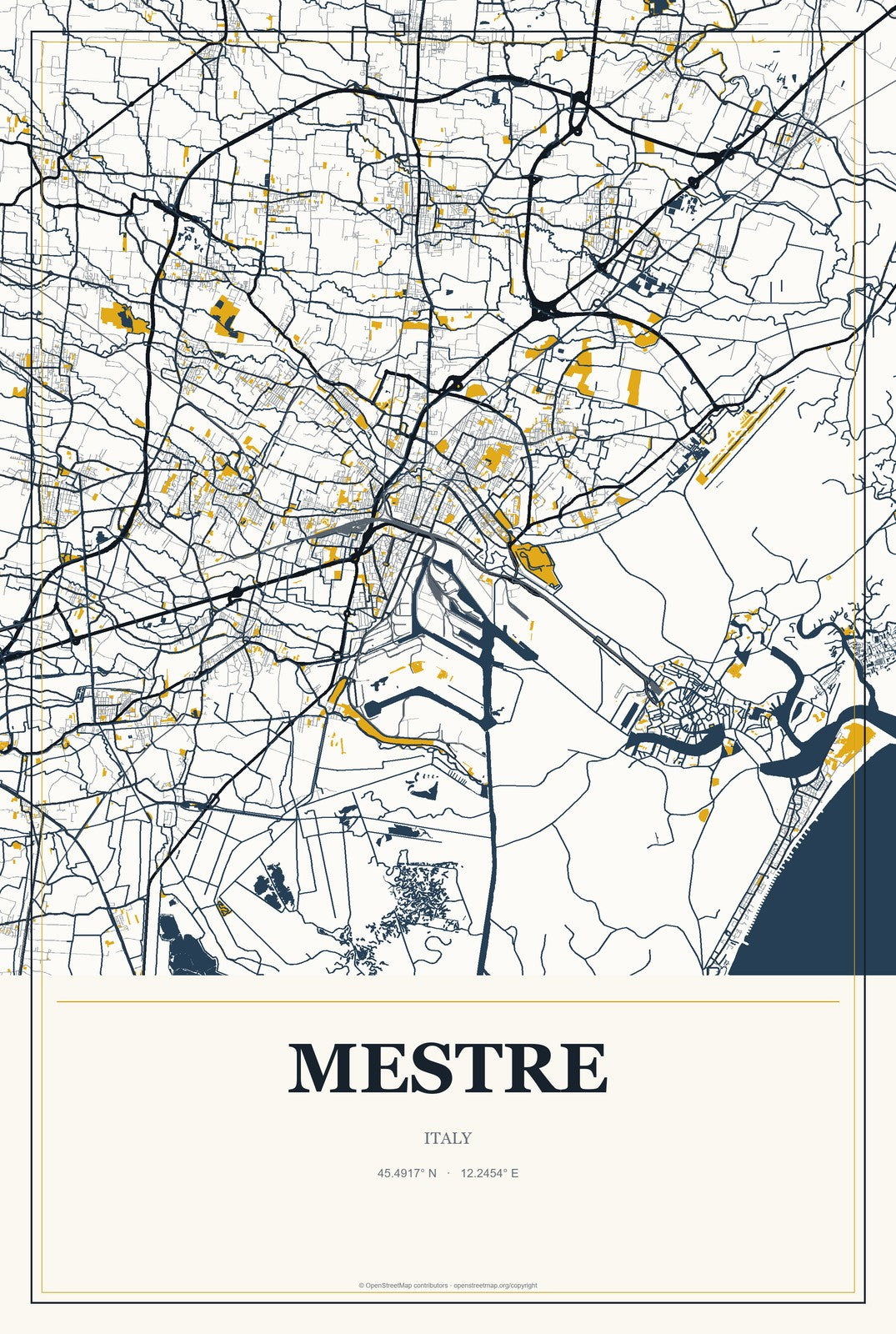Mestre, Italy City Map Aluminum Sign in Citrine Modern style
