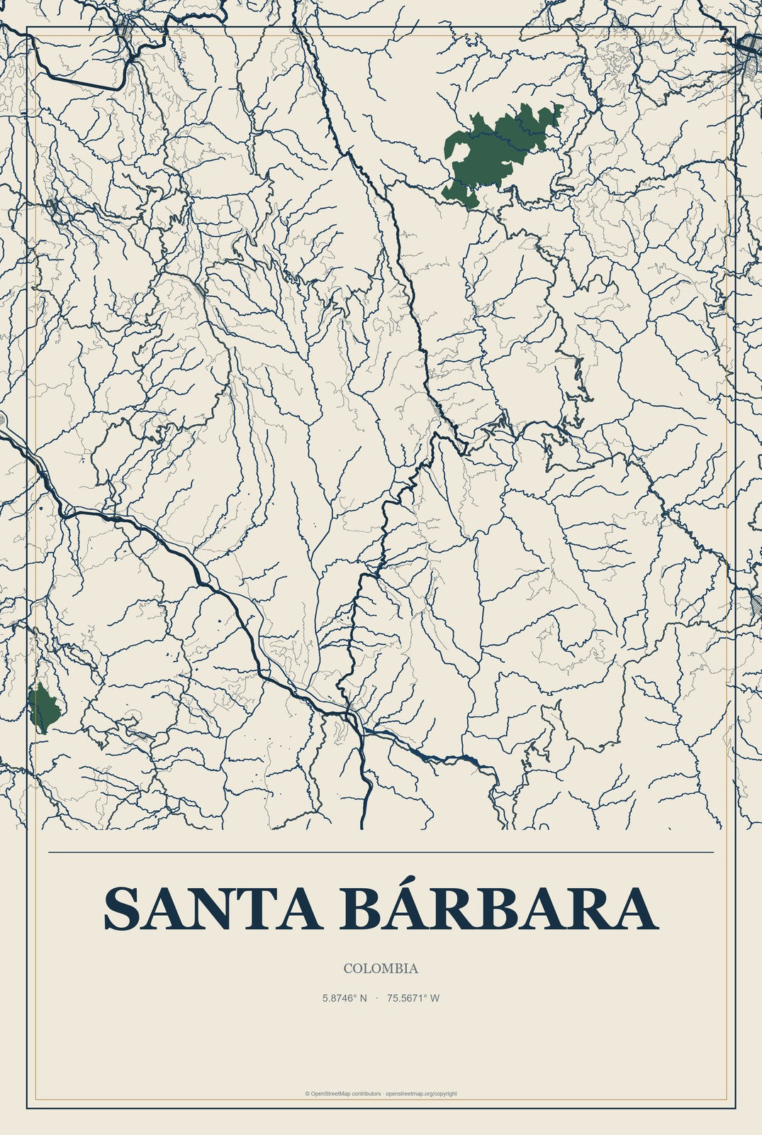 Santa Bárbara, Colombia City Map Aluminum Sign in Coastal Cutout style
