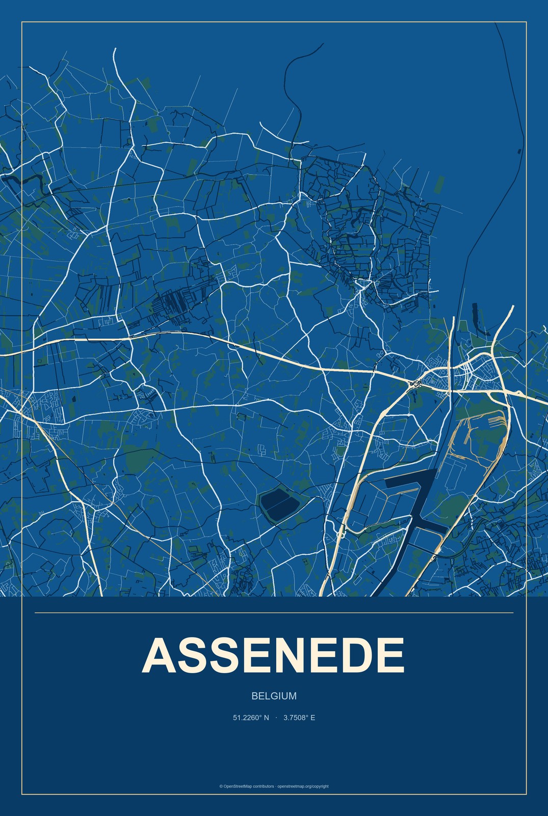 Assenede, Belgium City Map Aluminum Sign in Harbor Cobalt style
