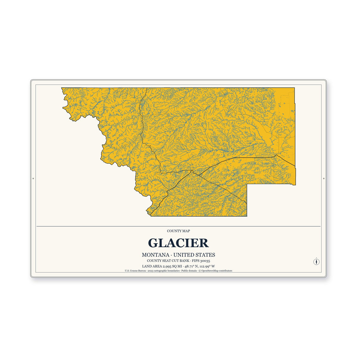 Glacier County, Montana Map Aluminum Sign in Citrine Modern style