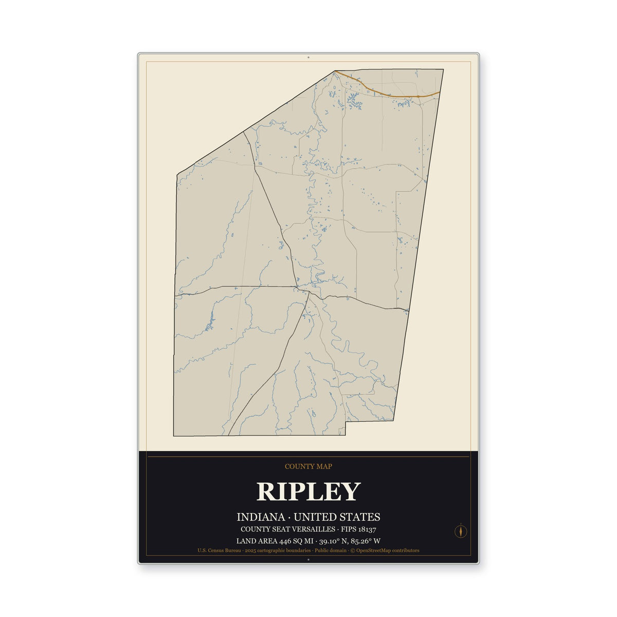 Ripley County, Indiana Map Aluminum Sign in Museum Plaque style