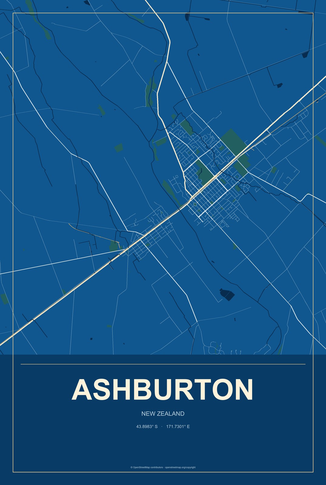 Ashburton, New Zealand City Map Aluminum Sign in Harbor Cobalt style
