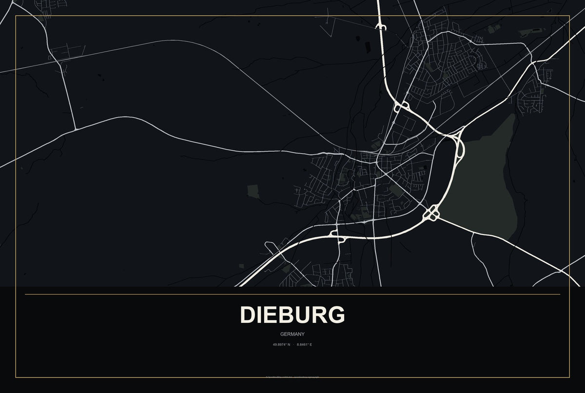 Dieburg, Germany City Map Aluminum Sign in Metropolitan Noir style