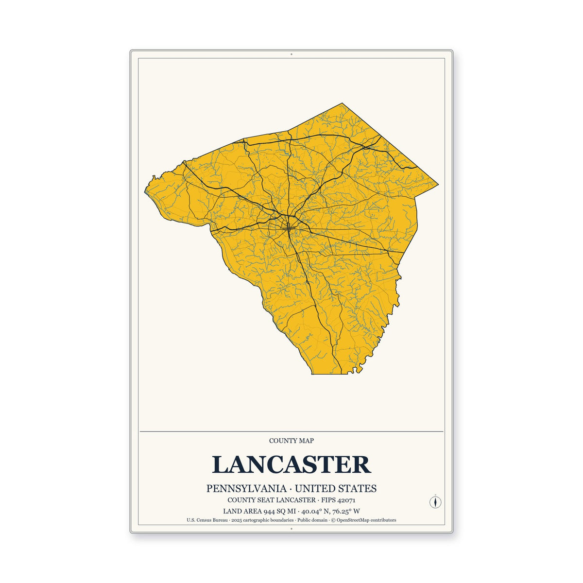 Lancaster County, Pennsylvania Map Aluminum Sign in Citrine Modern style