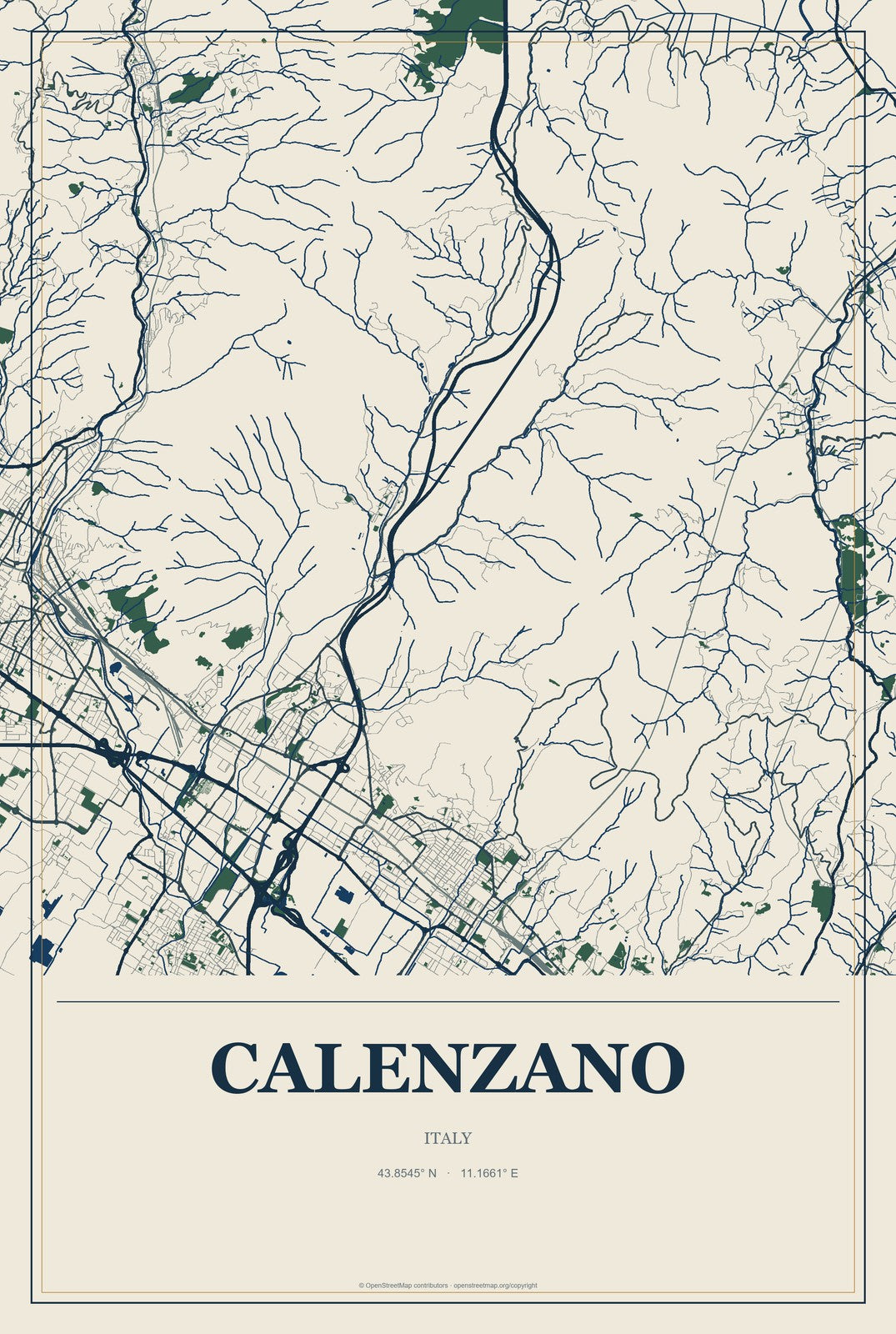 Calenzano, Italy City Map Aluminum Sign in Coastal Cutout style