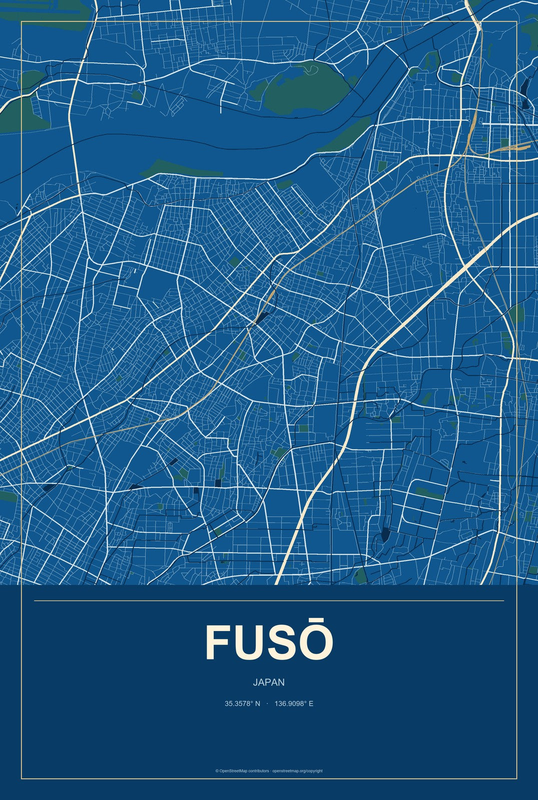 Fusō, Japan City Map Aluminum Sign in Harbor Cobalt style
