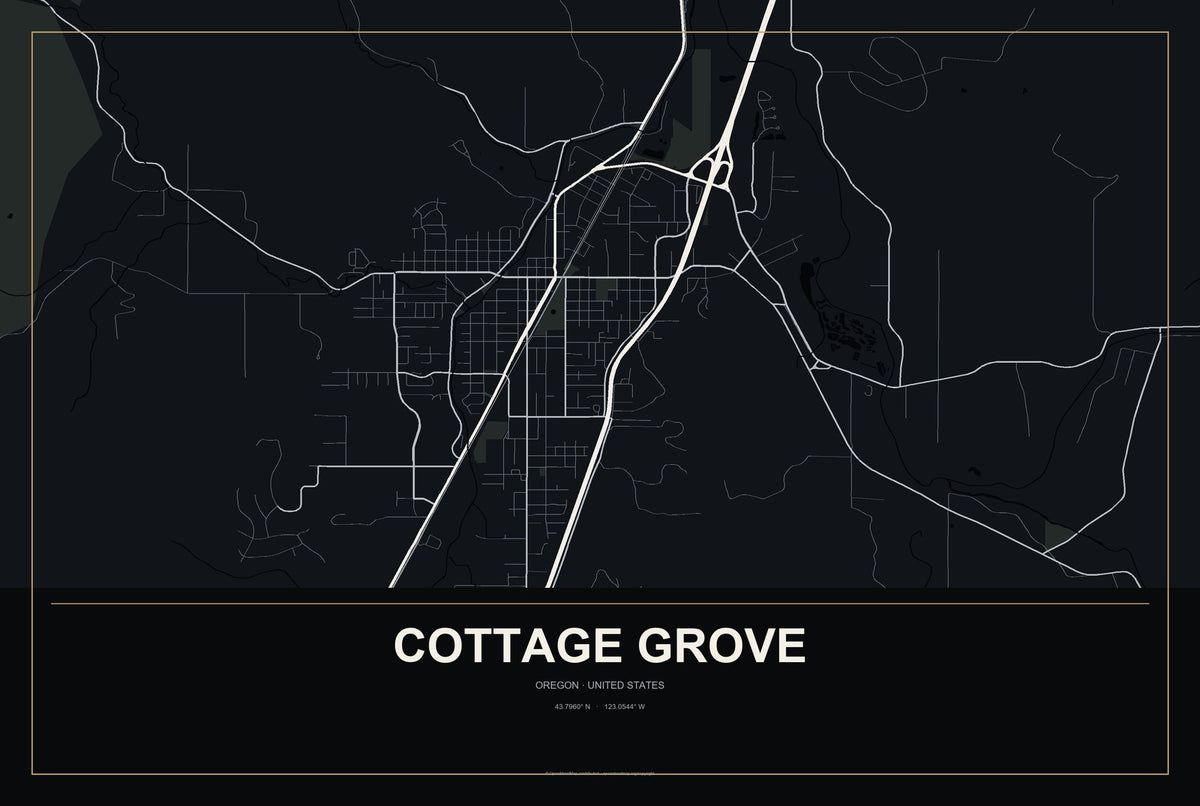 Cottage Grove, Oregon City Map Aluminum Sign in Metropolitan Noir style