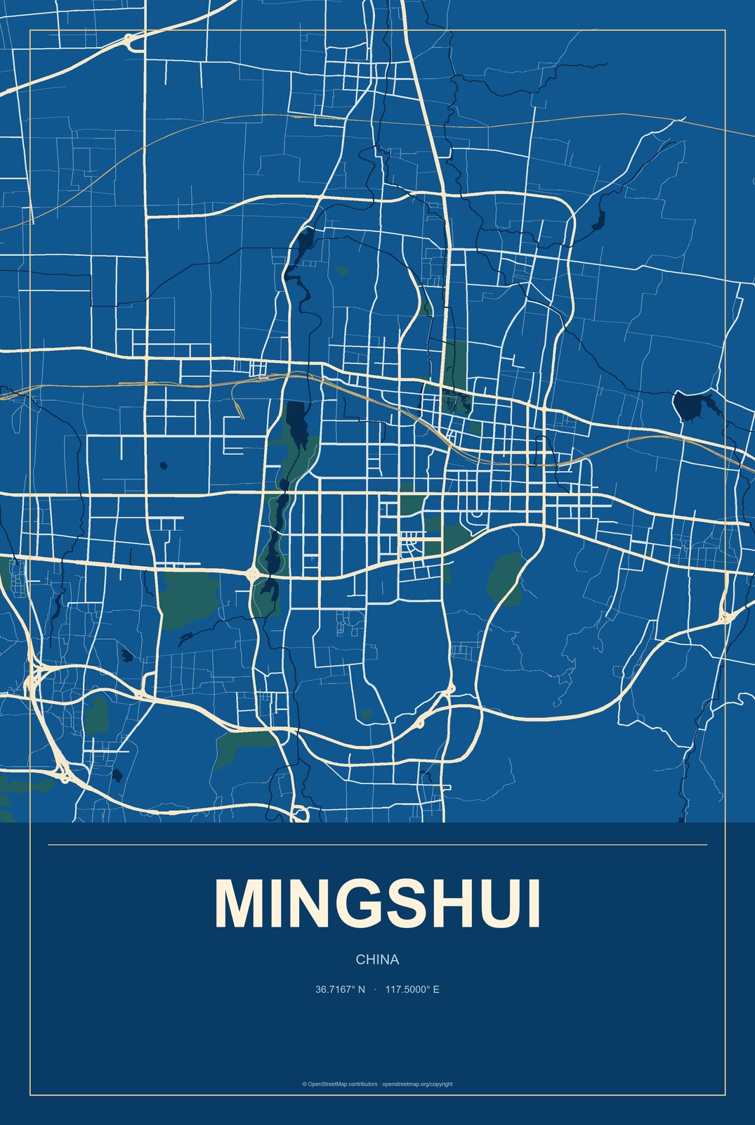 Mingshui, Shandong, China City Map Aluminum Sign in Harbor Cobalt style