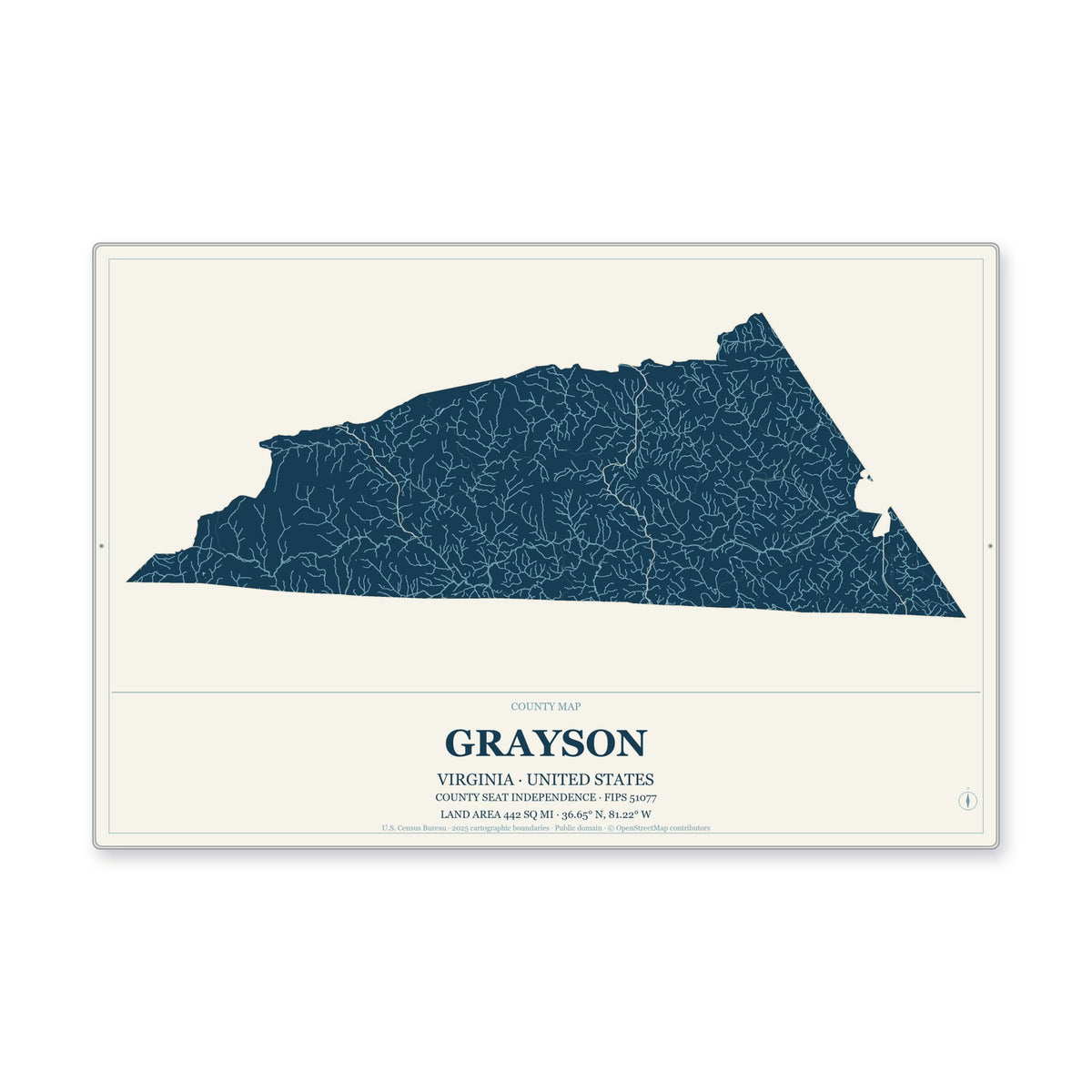 Grayson County, Virginia Map Aluminum Sign in Coastal Cutout style