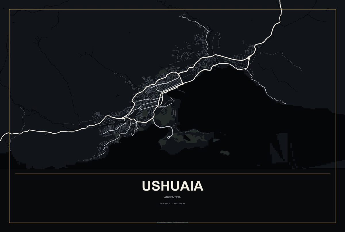 Ushuaia, Argentina City Map Aluminum Sign in Metropolitan Noir style