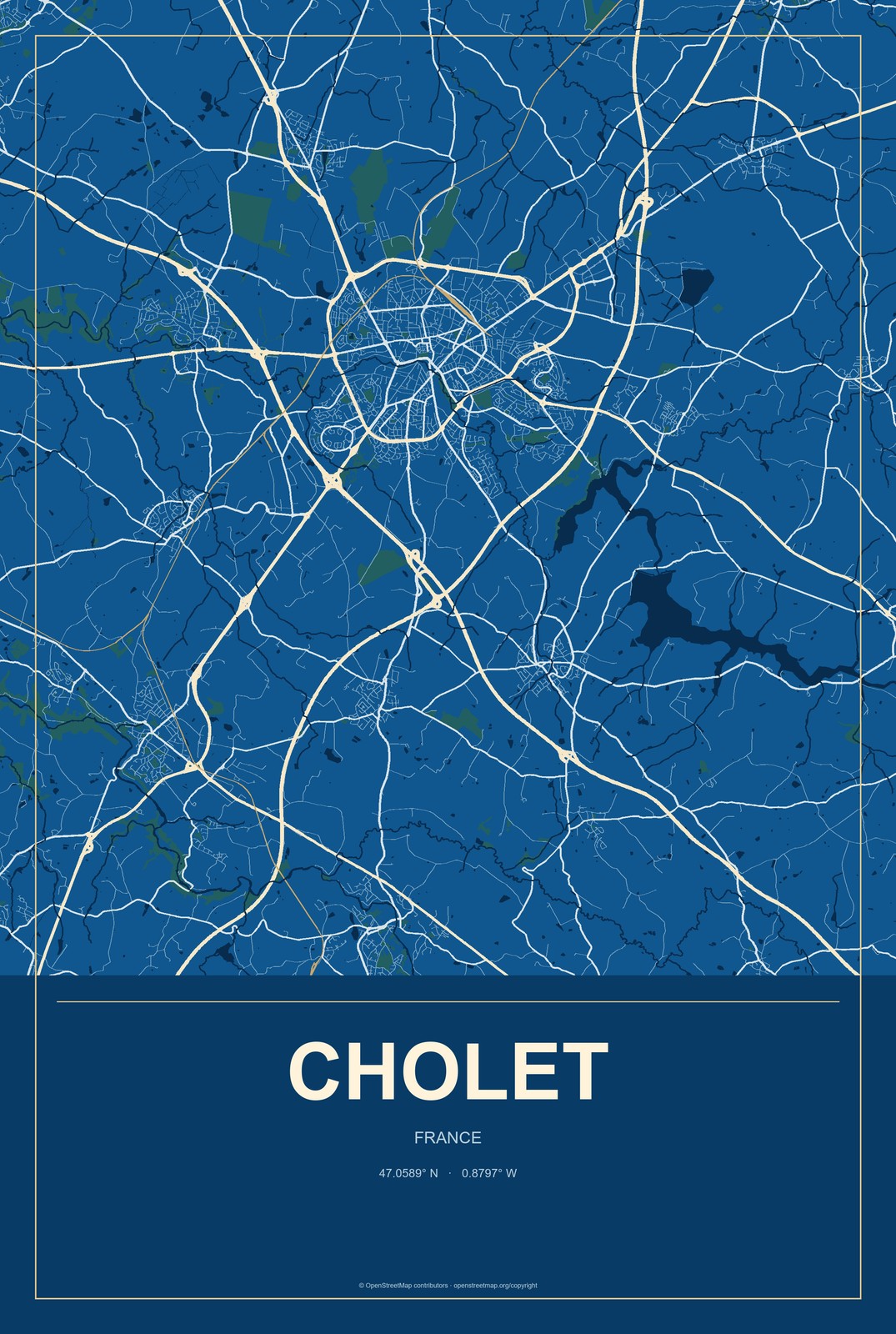 Cholet, France City Map Aluminum Sign in Harbor Cobalt style