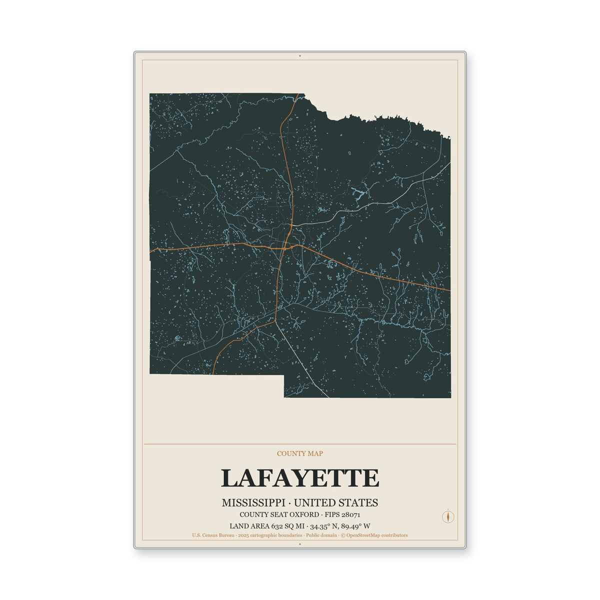 Lafayette County, Mississippi Map Aluminum Sign in Headline Atlas style