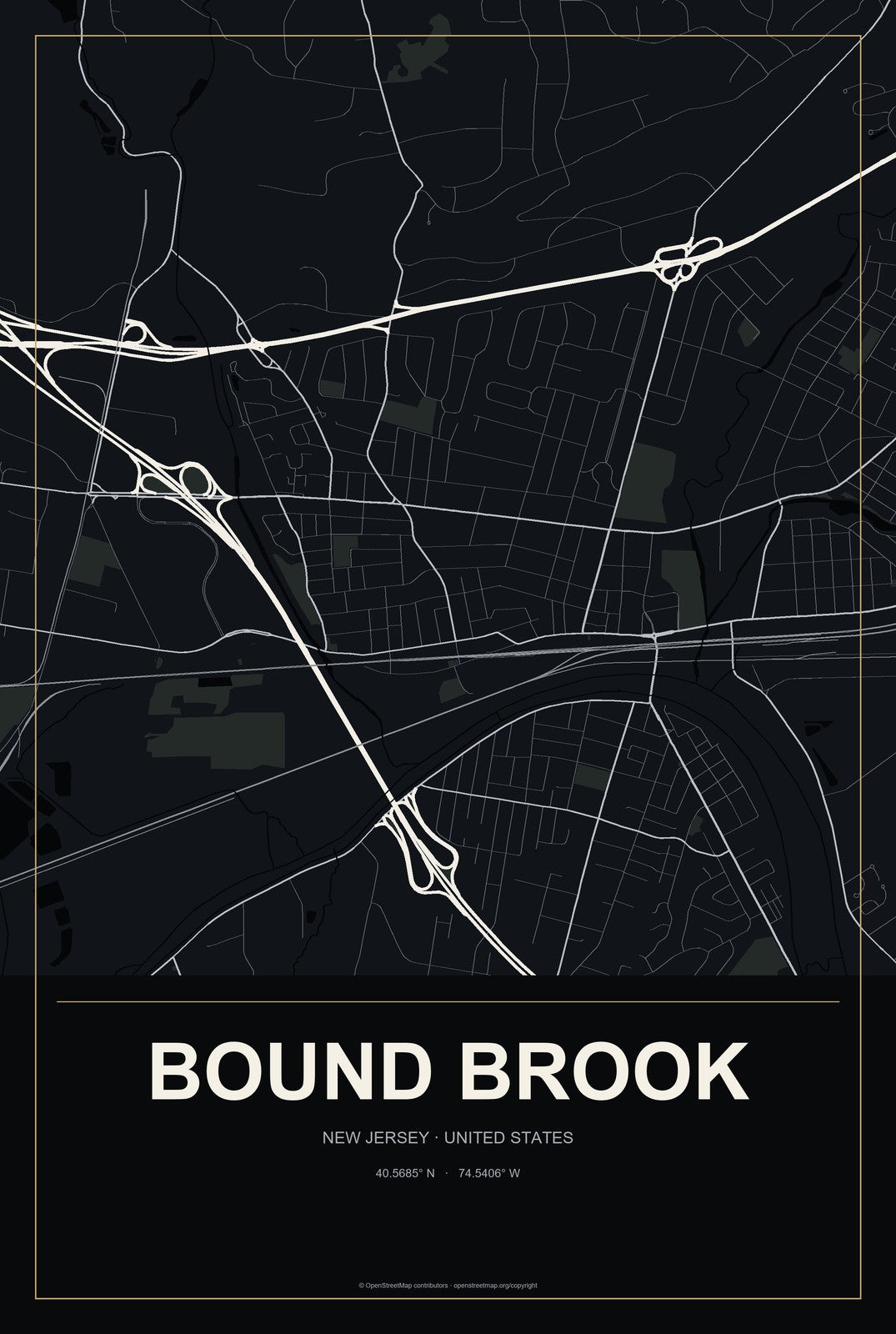 Bound Brook, New Jersey City Map Aluminum Sign in Metropolitan Noir style