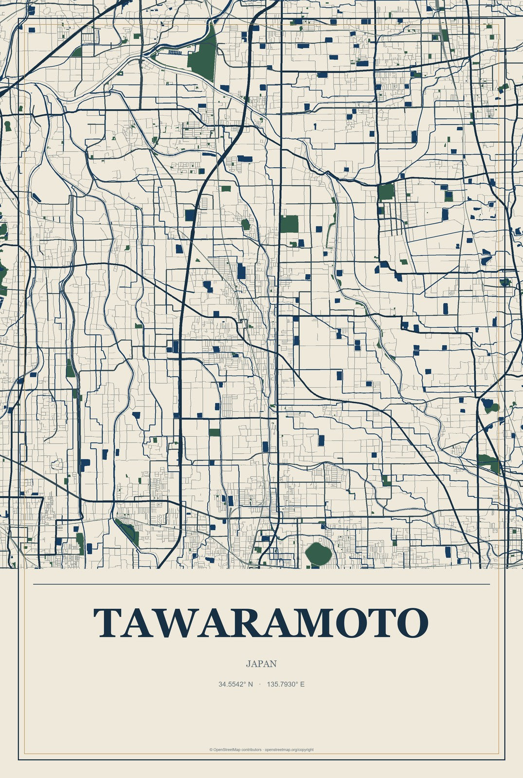 Tawaramoto, Japan City Map Aluminum Sign in Coastal Cutout style