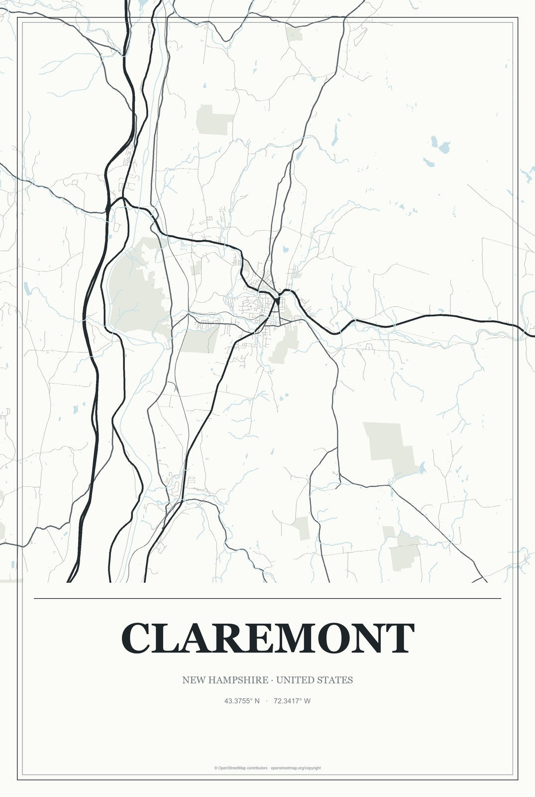 Claremont, New Hampshire City Map Aluminum Sign in Gallery Air style