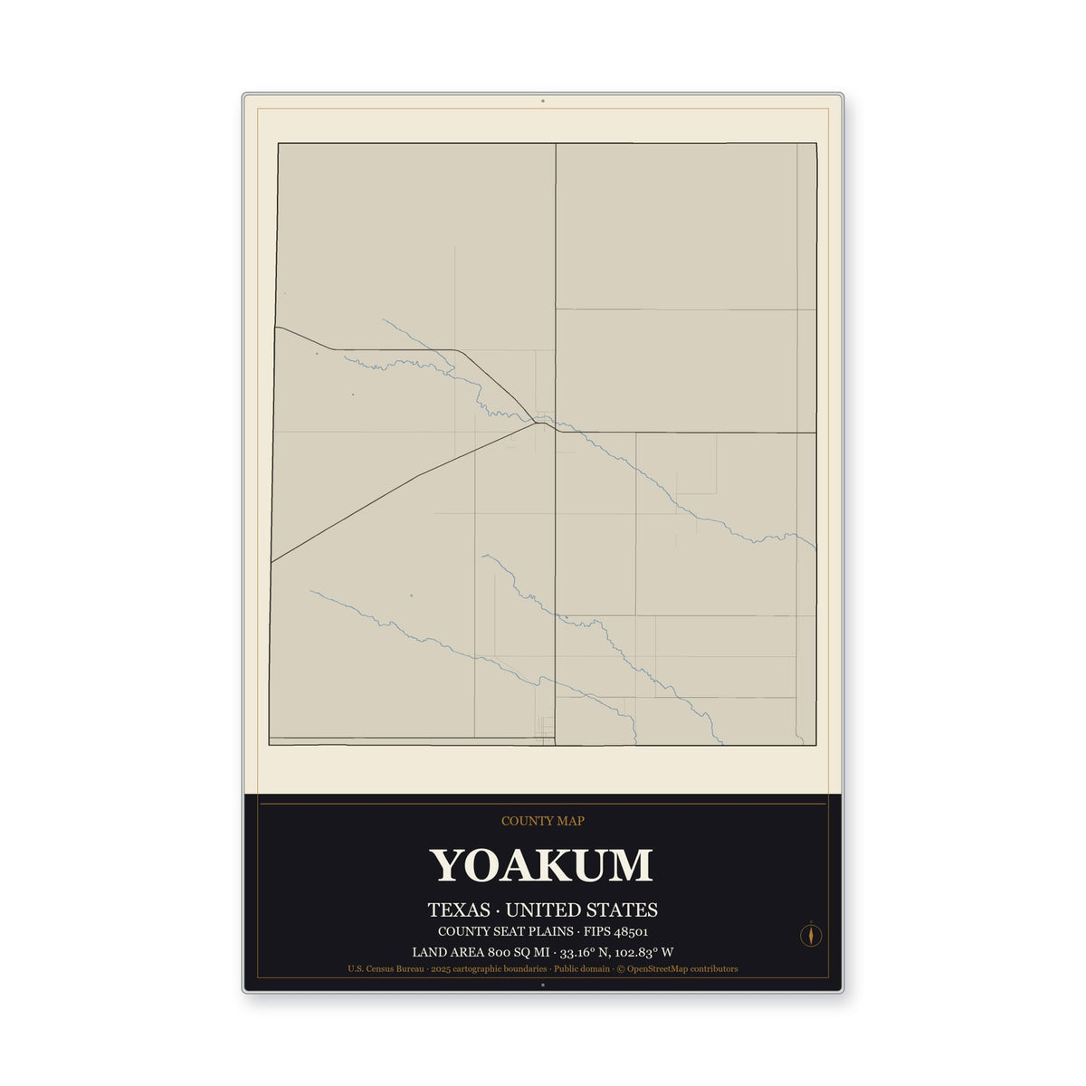 Yoakum County, Texas Map Aluminum Sign in Museum Plaque style