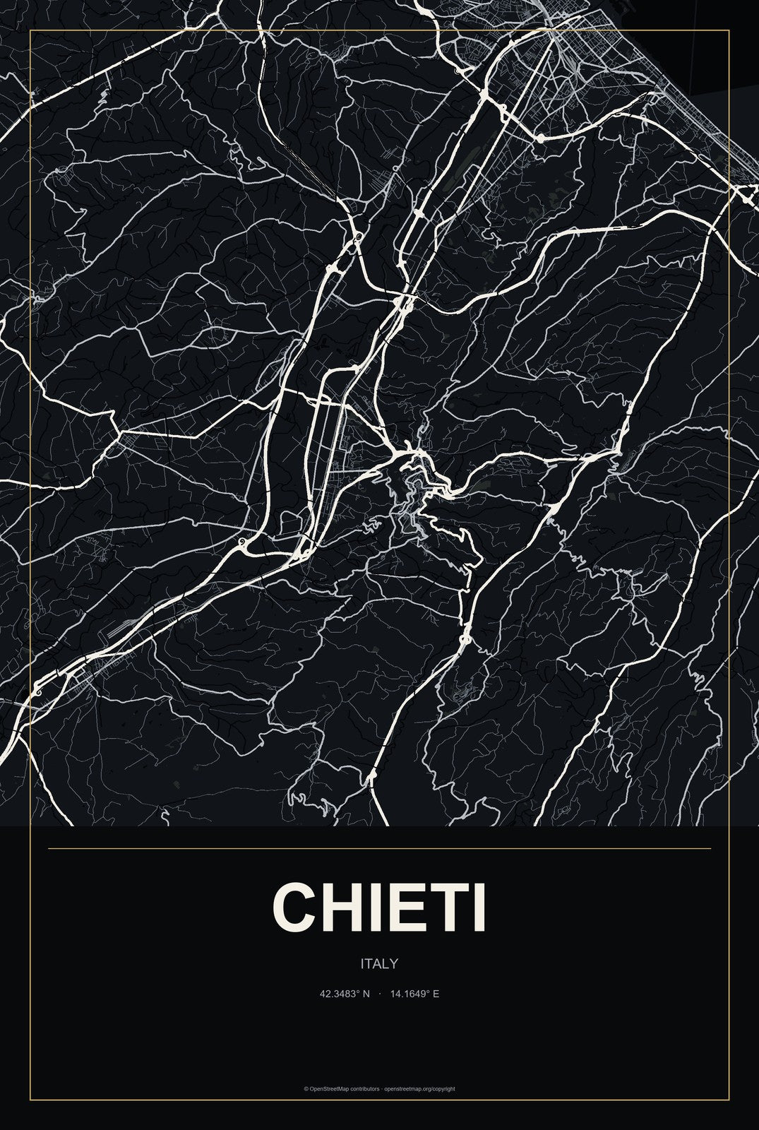 Chieti, Italy City Map Aluminum Sign in Metropolitan Noir style