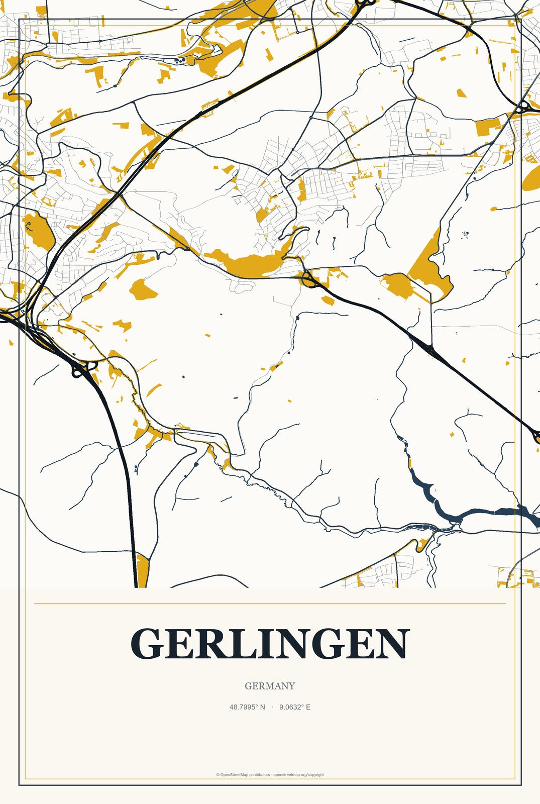 Gerlingen, Germany City Map Aluminum Sign in Citrine Modern style
