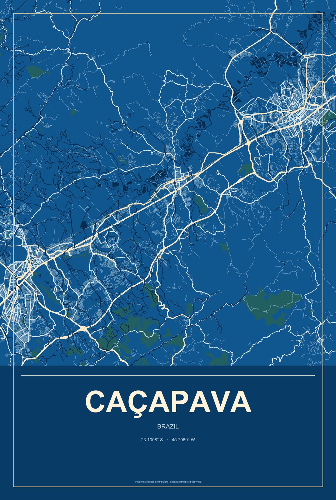 Caçapava, Brazil City Map Aluminum Sign in Harbor Cobalt style