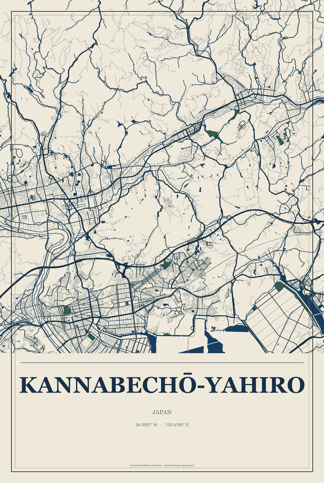 Kannabechō-yahiro, Japan City Map Aluminum Sign in Coastal Cutout style