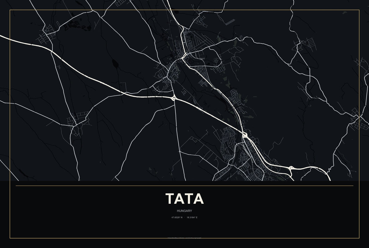 Tata, Hungary City Map Aluminum Sign in Metropolitan Noir style