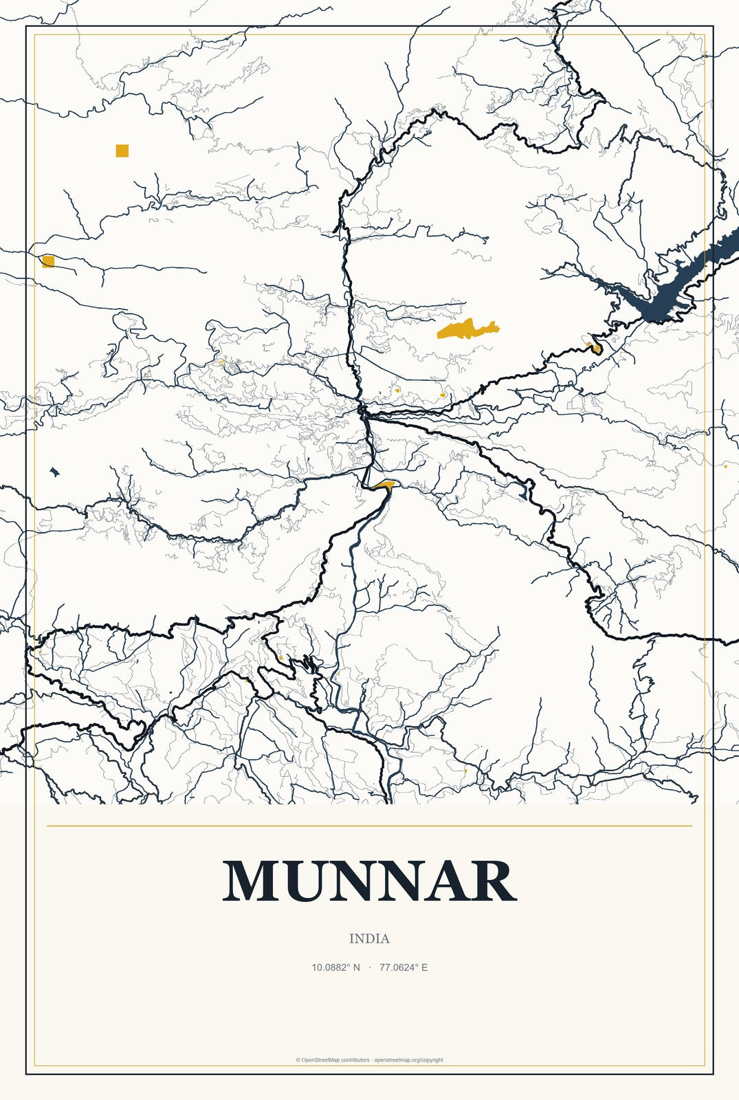 Munnar, India City Map Aluminum Sign in Citrine Modern style
