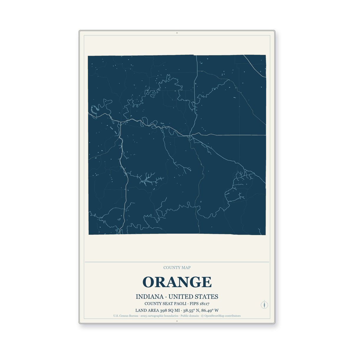 Orange County, Indiana Map Aluminum Sign in Coastal Cutout style