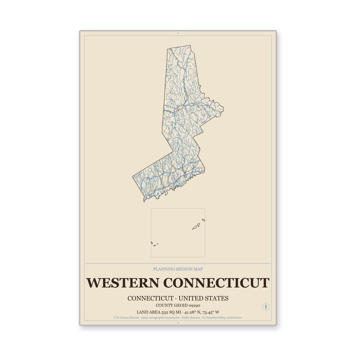 Western Connecticut Planning Region, Connecticut Map Aluminum Sign in Heritage Nautical style