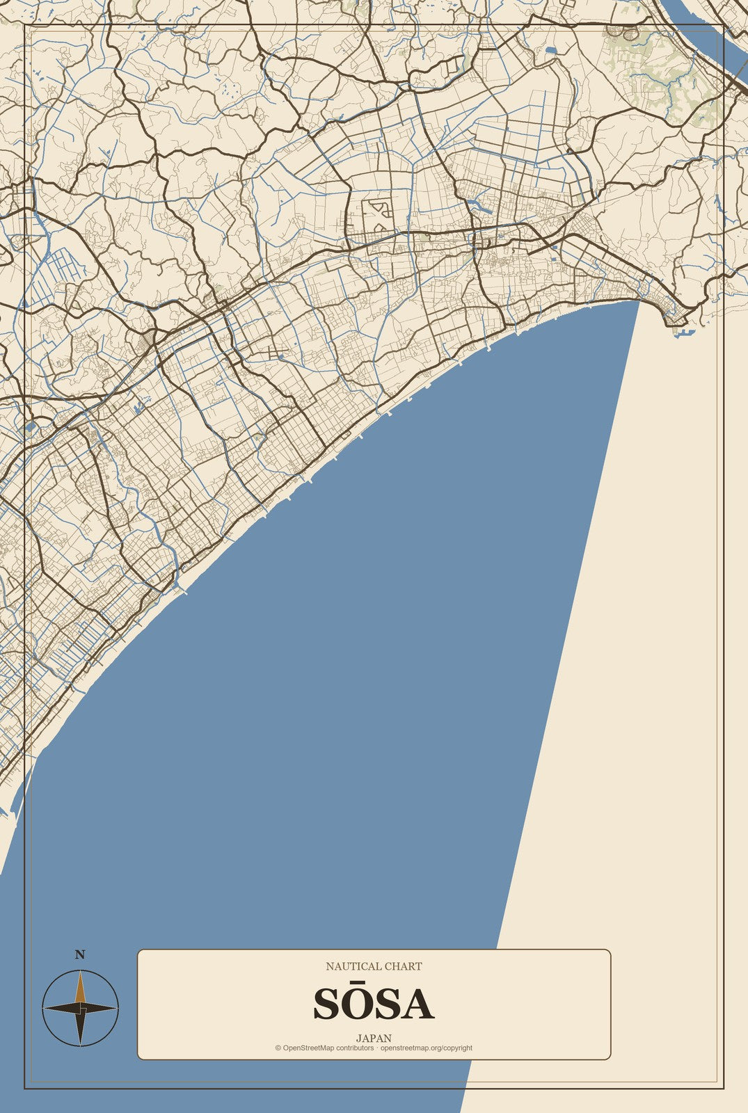 Sōsa, Japan City Map Aluminum Sign in Heritage Nautical style