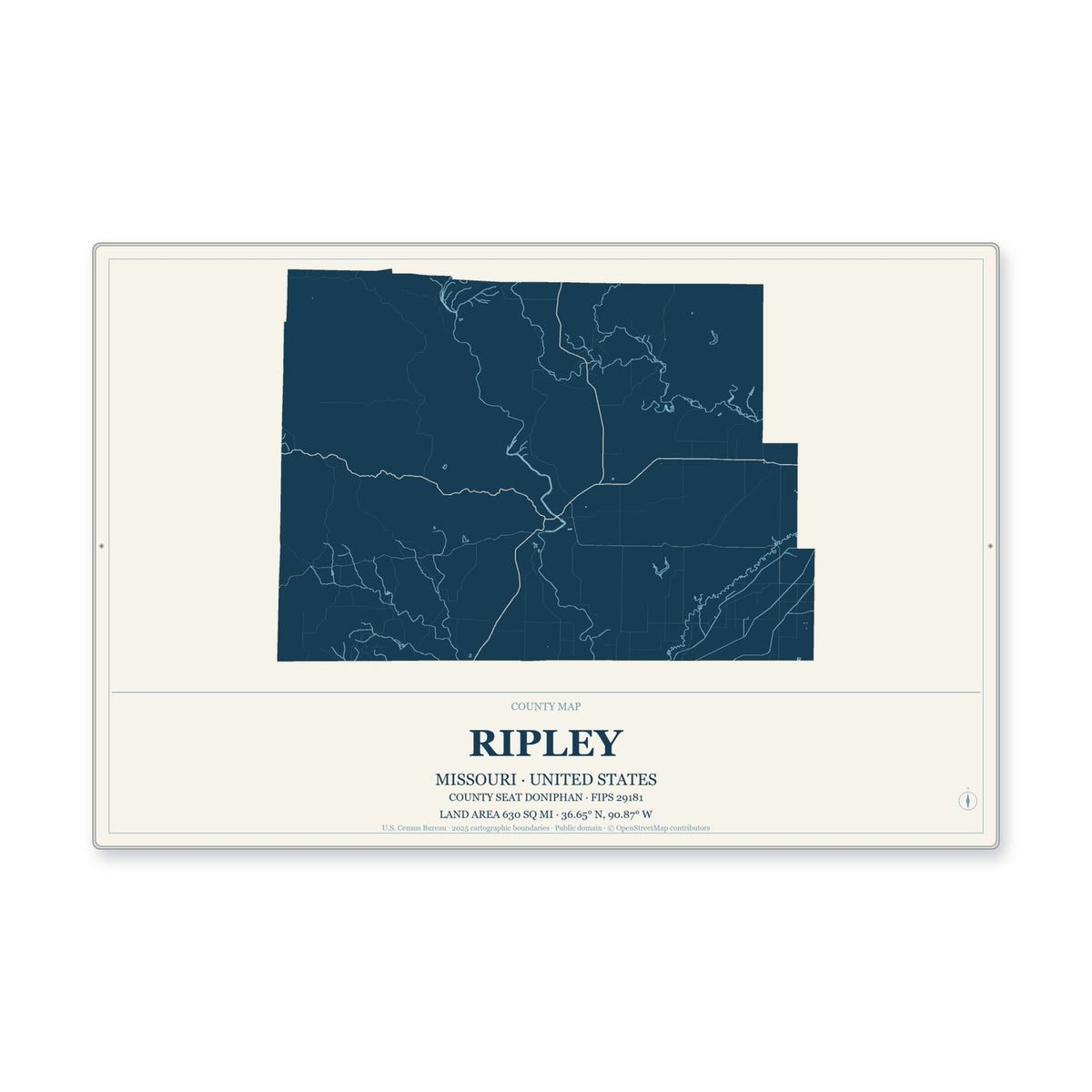 Ripley County, Missouri Map Aluminum Sign in Coastal Cutout style