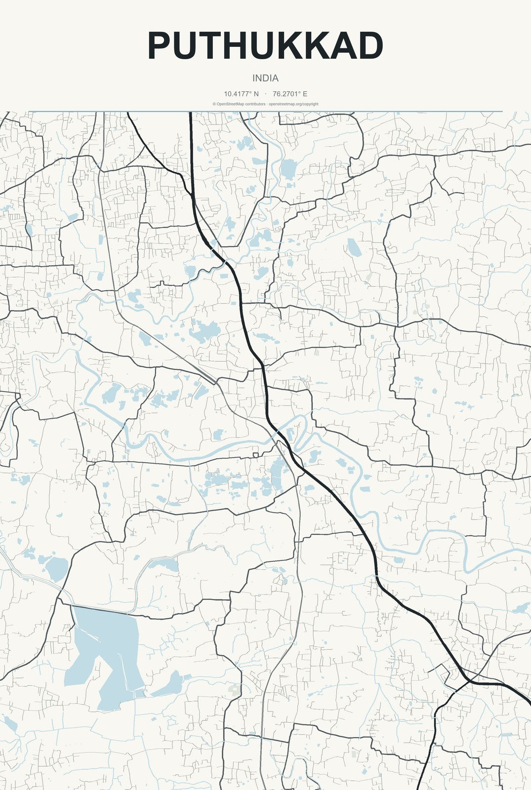Puthukkad, India City Map Aluminum Sign in Headline Atlas style