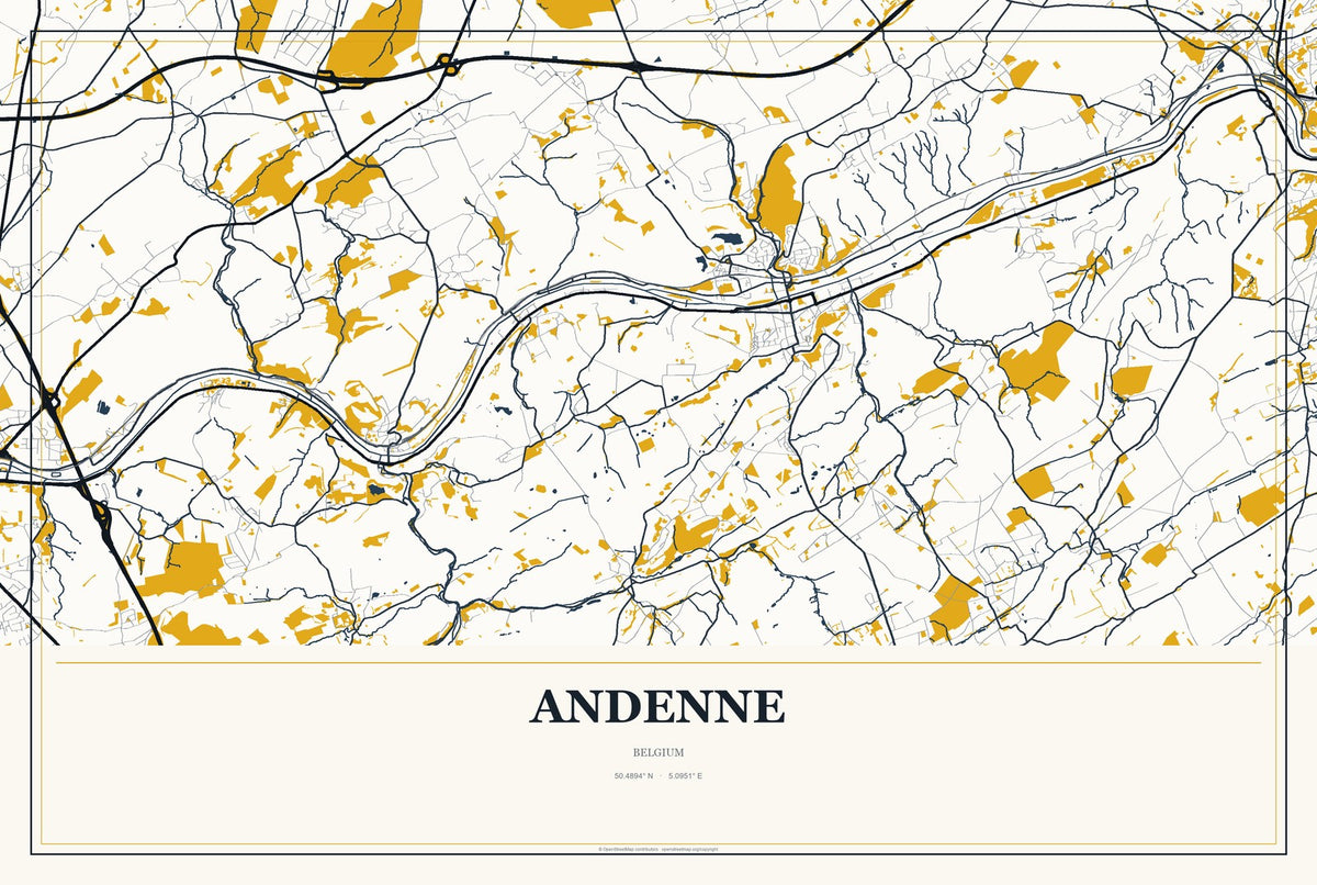 Andenne, Belgium City Map Aluminum Sign in Citrine Modern style