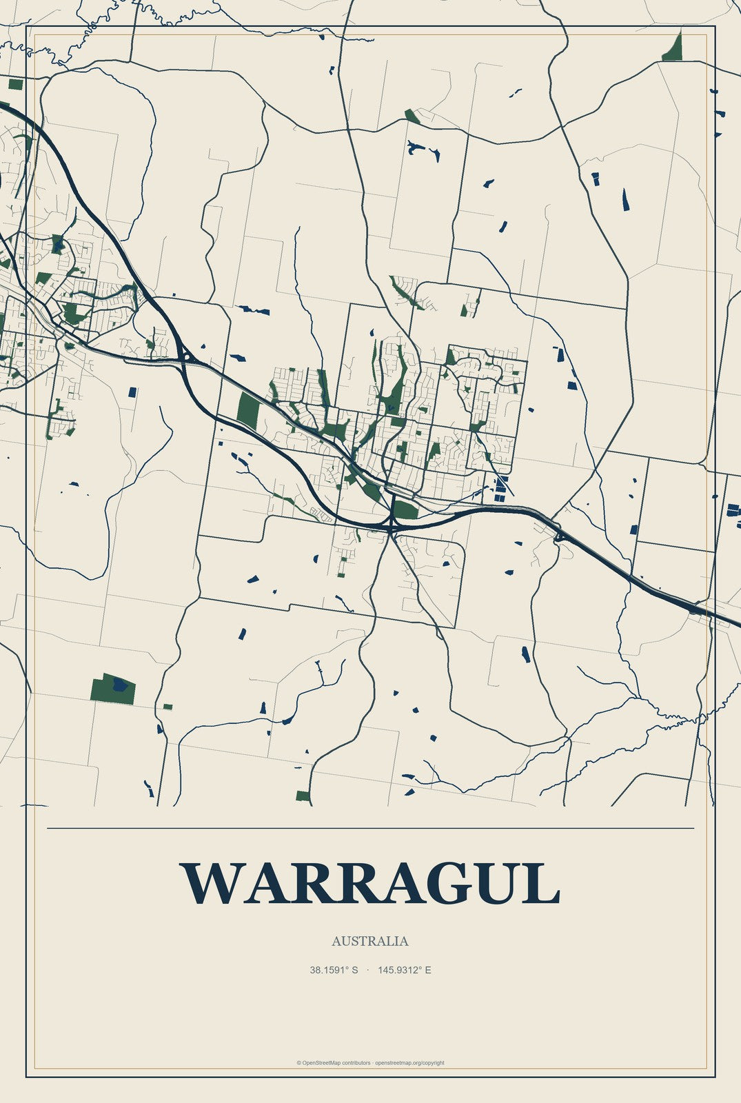 Warragul, Australia City Map Aluminum Sign in Coastal Cutout style