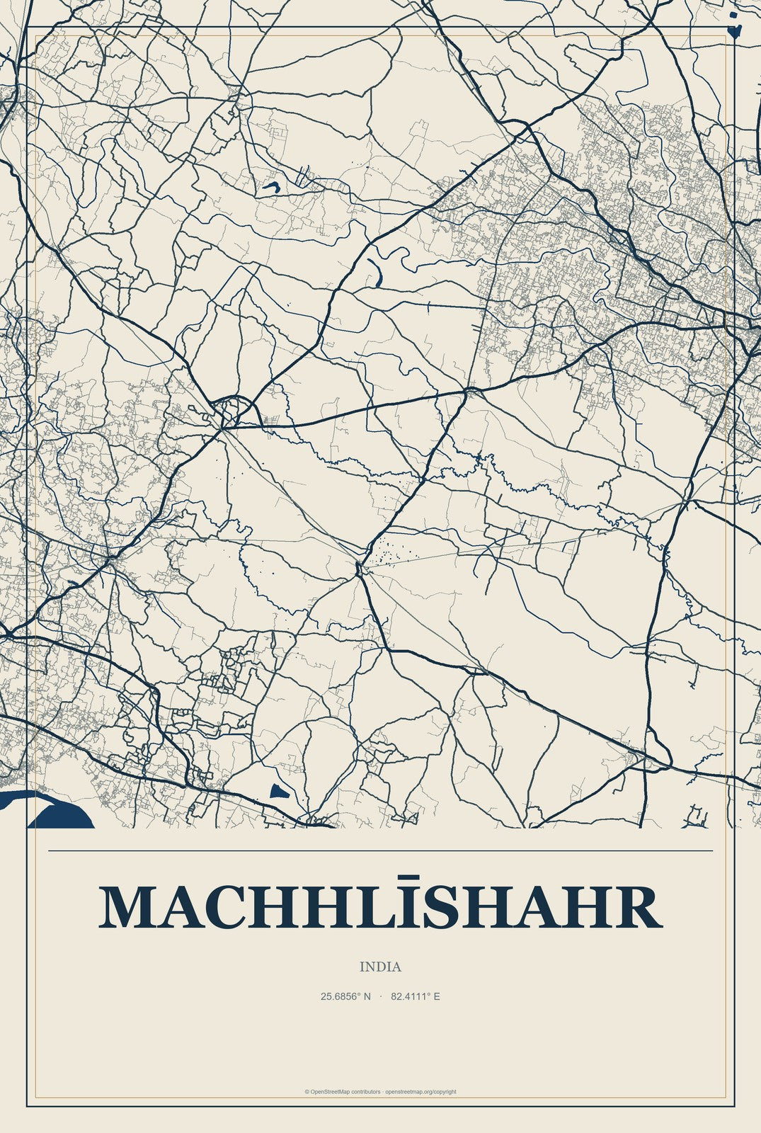 Machhlīshahr, India City Map Aluminum Sign in Coastal Cutout style
