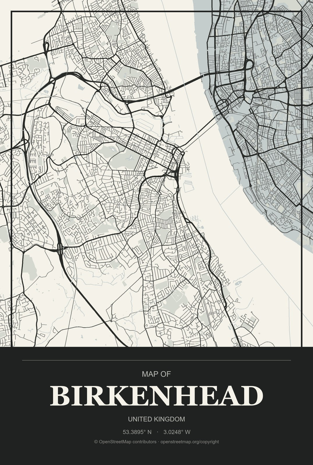 Birkenhead, United Kingdom City Map Aluminum Sign in Museum Plaque style