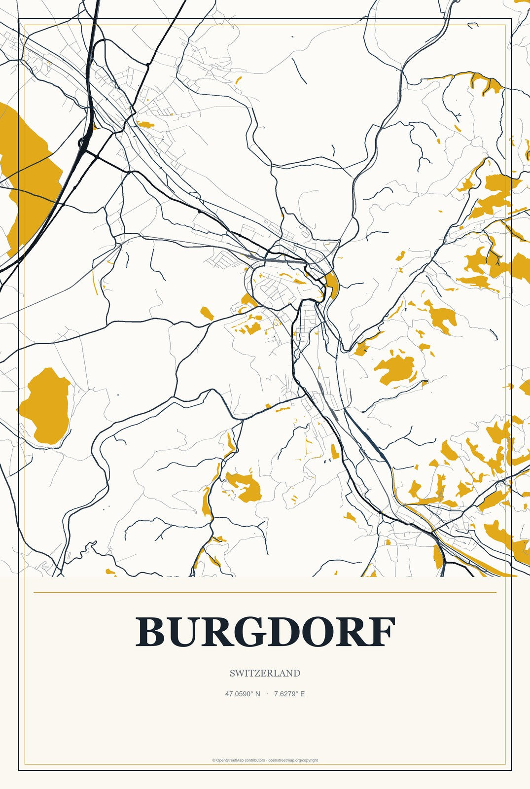 Burgdorf, Switzerland City Map Aluminum Sign in Citrine Modern style