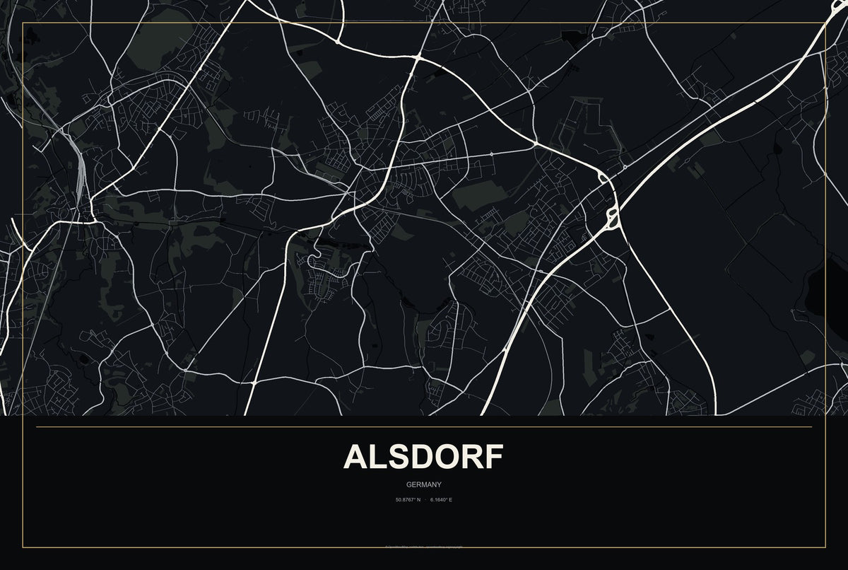 Alsdorf, Germany City Map Aluminum Sign in Metropolitan Noir style