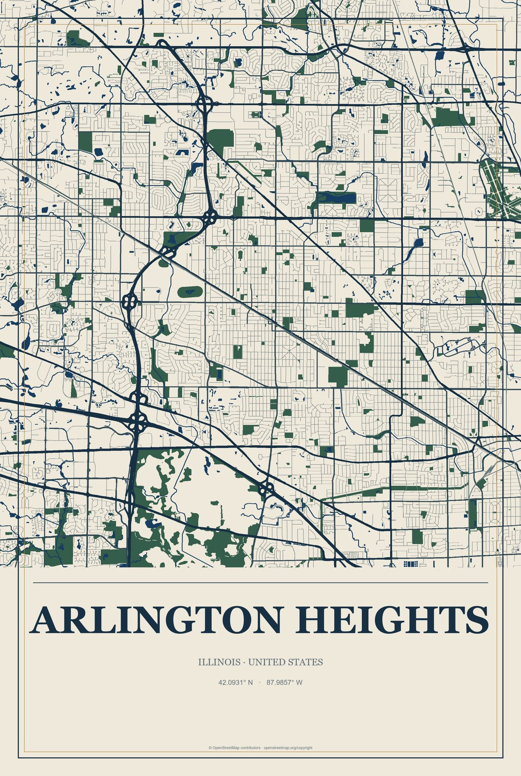 Arlington Heights, Illinois City Map Aluminum Sign in Coastal Cutout style