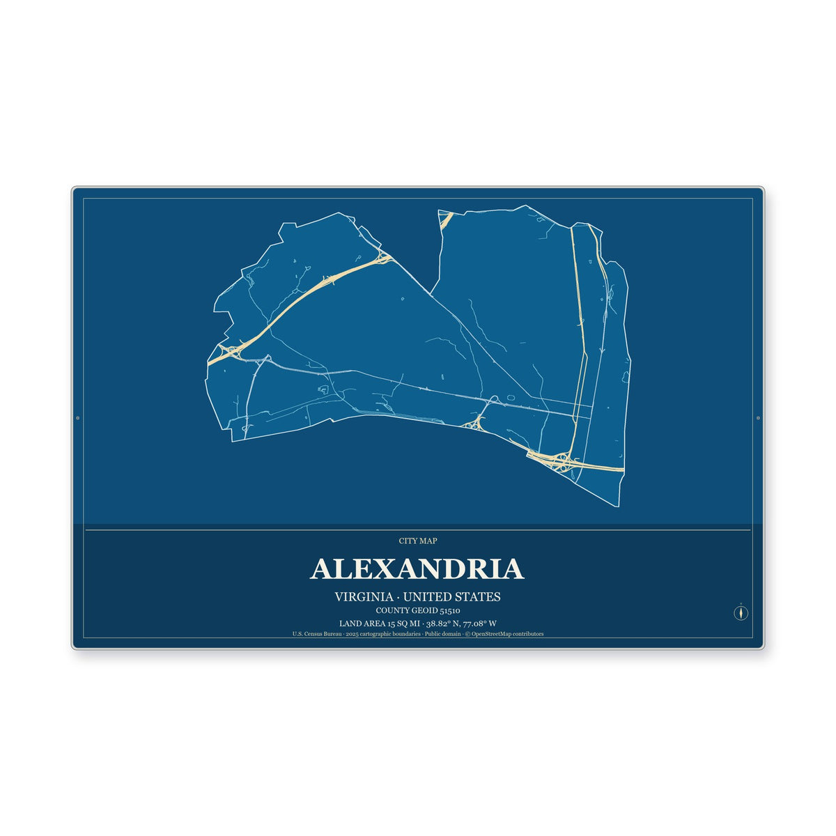 Alexandria city, Virginia Map Aluminum Sign in Harbor Cobalt style