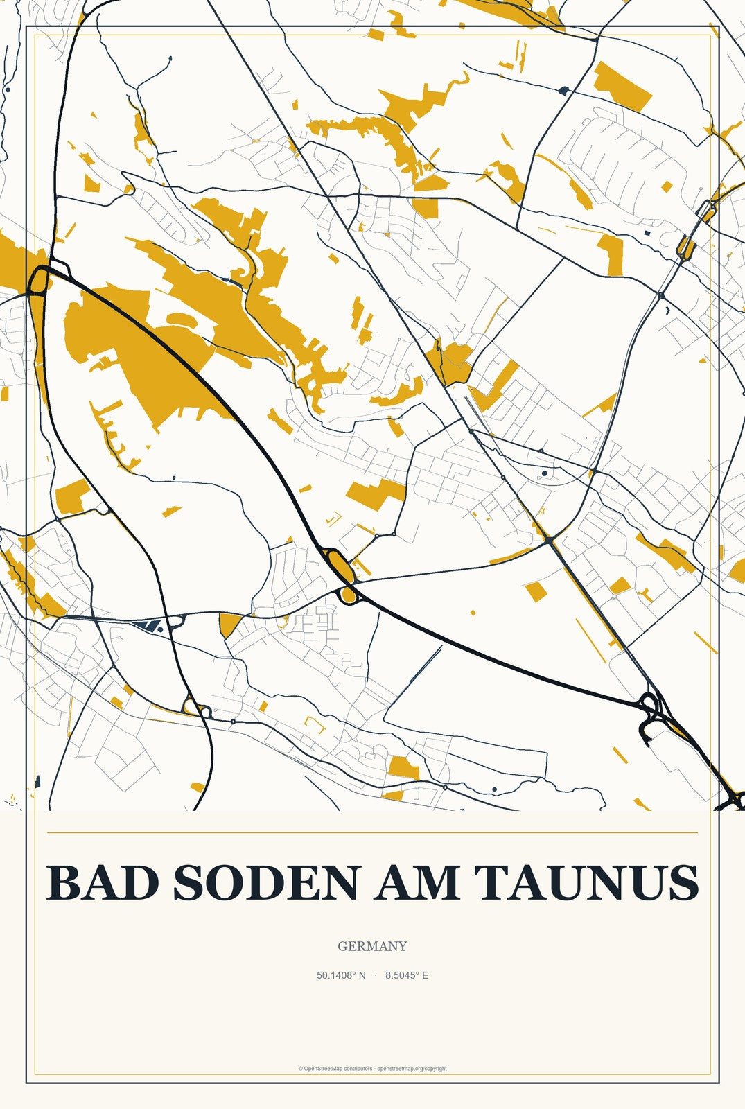 Bad Soden am Taunus, Germany City Map Aluminum Sign in Citrine Modern style