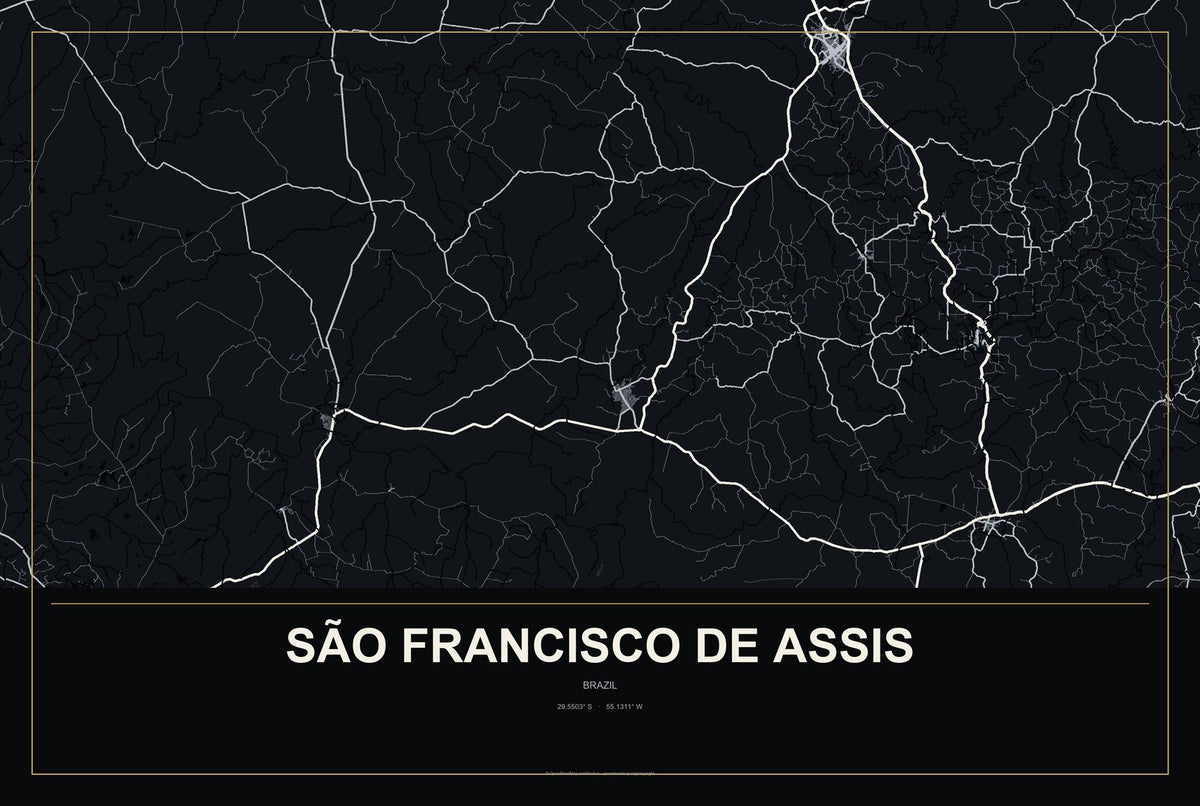 São Francisco de Assis, Brazil City Map Aluminum Sign in Metropolitan Noir style